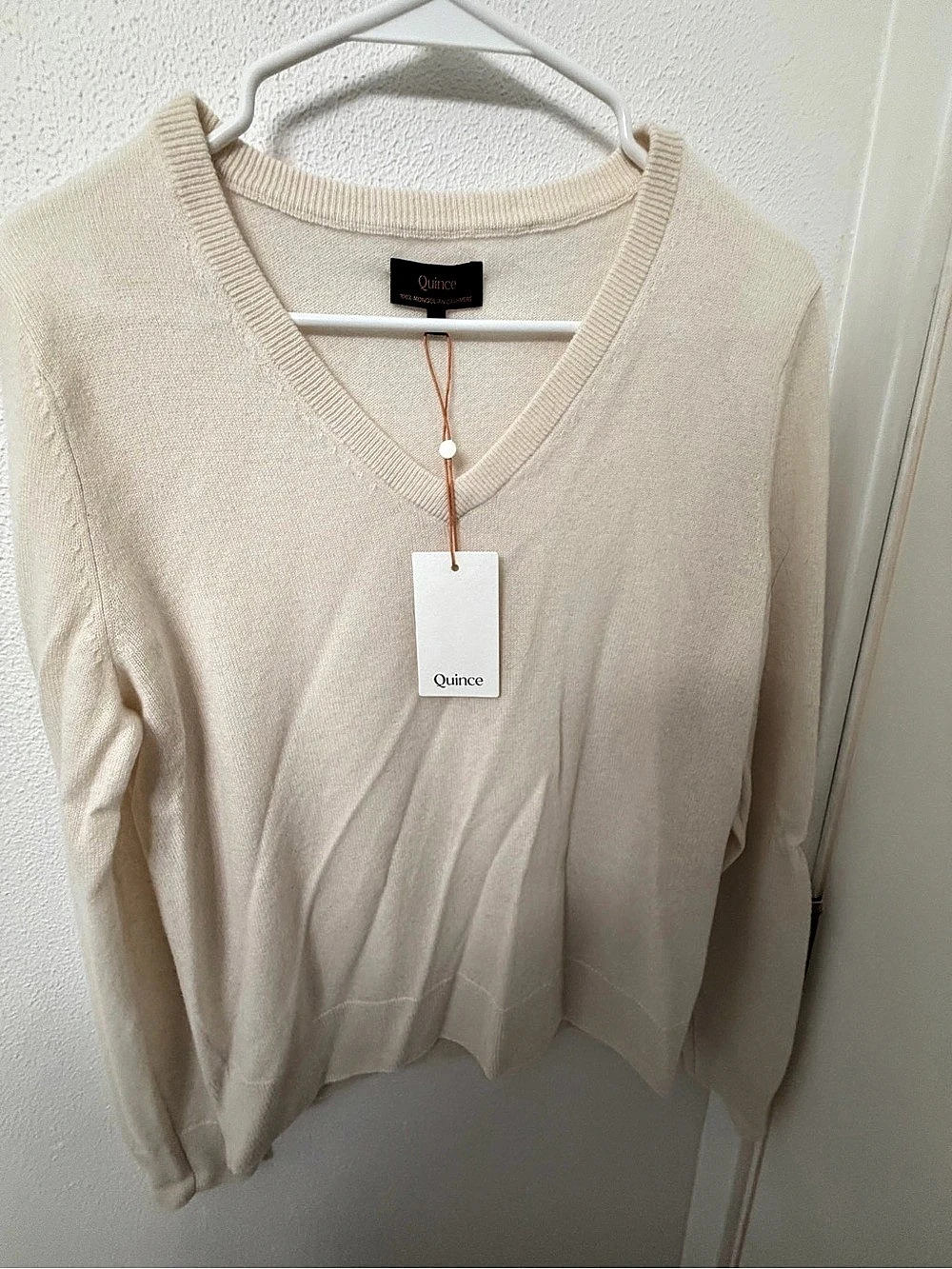 Quince Mongolian Cashmere V-Neck Sweater in Cream